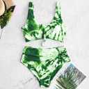 ZAFUL Women's High Waisted Swimsuit Scoop Neck Textured Floral Bikini Set 2 Piece Bathing Suit (Green, XL)