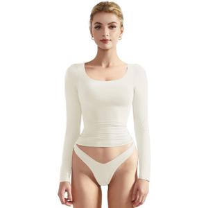 SUUKSESS Women Double Lined Fitted Basic T Shirts Scoop Neck Long Sleeve Crop Top (X-Small)