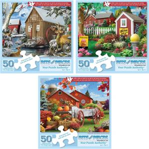 Bits and Pieces 50 Piece Puzzles for Adults - Alan Giana 3-Pack - 50 Extra Large Pieces 15" x 19" Jigsaw Puzzles, Rustic Country Scenes, No 2 Pieces Alike