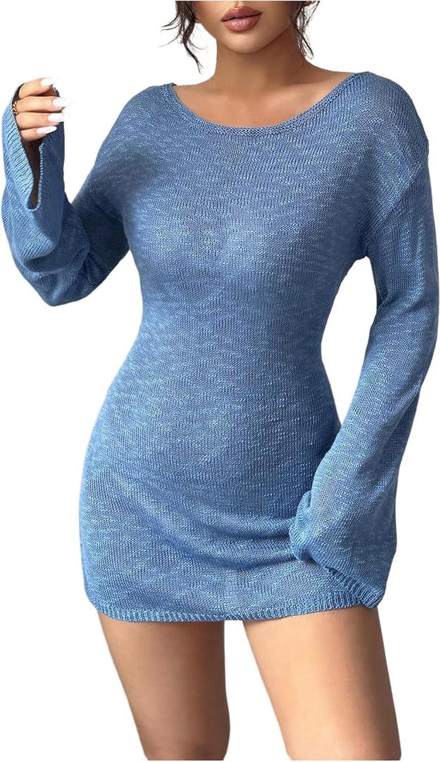 Floerns Women's Elegant Bell Sleeve Dress Crew Neck Knitted Bodycon Mini Dresses (M)