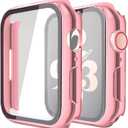 Misxi 2 Pack Hard PC Case with Tempered Glass Screen Protector Compatible with Apple Watch Series 9 (2023) Series 8 Series 7 45mm, Ultra-ThinCover for iWatch S9/S8/S7, 1 Rose Pink + 1 Transparent