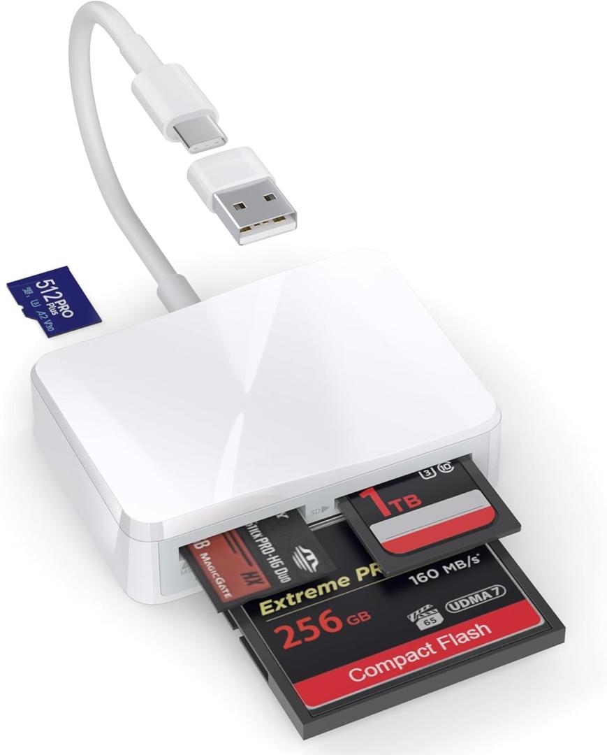 SD Card Reader, 4 in 1 USB C to SD/TF/CF/MS Card Reader with USB to USB C Adapter Memroy Card Reader for iPhone 17/16/15 Pro Max iPad Pro MacBook Pro/Air iMac M4/M3/M2 Android Phone/Tablet PC (White) (Whtie)