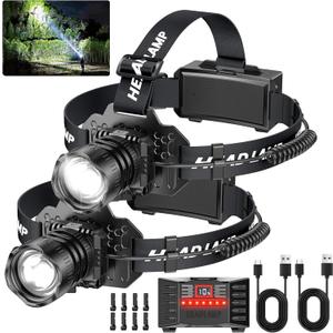 Curtsod Rechargeable LED Headlamp 2-Pack - 99000 Lumens Super Bright with Motion Sensor & 90° Rotation - Waterproof Headlight for Camping, Hiking, Running - 3 Light Modes