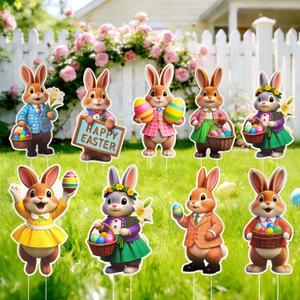 Easter Decorations Outdoor, 9pcs Realistic Bunny Decorations with Colorful Easter Elements, Outdoor Indoor Spring & Easter Party Decor