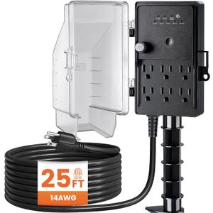SURAIELEC Outdoor Power Stake, Dusk to Dawn Light Timer, 25FT Extension Cord Multiple Outlet, 6 Electrical Outlets Power Strip Weatherproof for Patio Light, Garden, Christmas Decoration, Outdoor Light