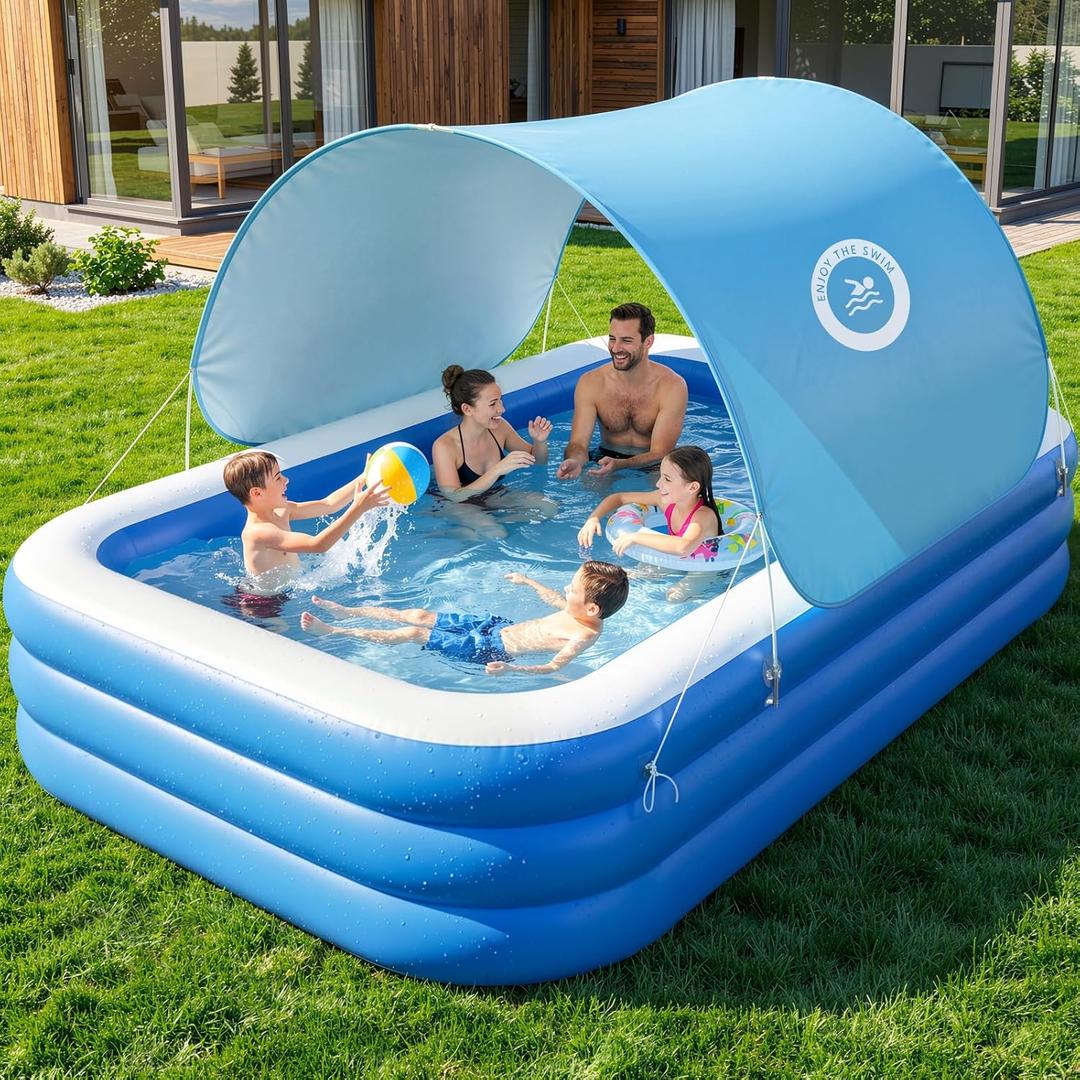 HeySplash Inflatable Pool with Canopy, Large Inflatable Swimming Pool for Adults & Kids, Blow Up Pool Thickened Family Pool for Outdoor Backyard Garden Party Summer Fun, 118" x 69" x 24"(Blue)