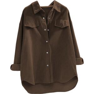 Verdusa Women's Button Down Casual Long Sleeve Shirts Ribbed Flap Pocket Lightweight T Shirts (Large, Brown)