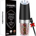 AmuseWit Electric Gravity Pepper Mill or Salt Grinder Mill [White Light] - Battery Operated Automatic Pepper Grinder with Light, Adjustable Coarseness, One Handed Operation, Cleaning Brush, Black