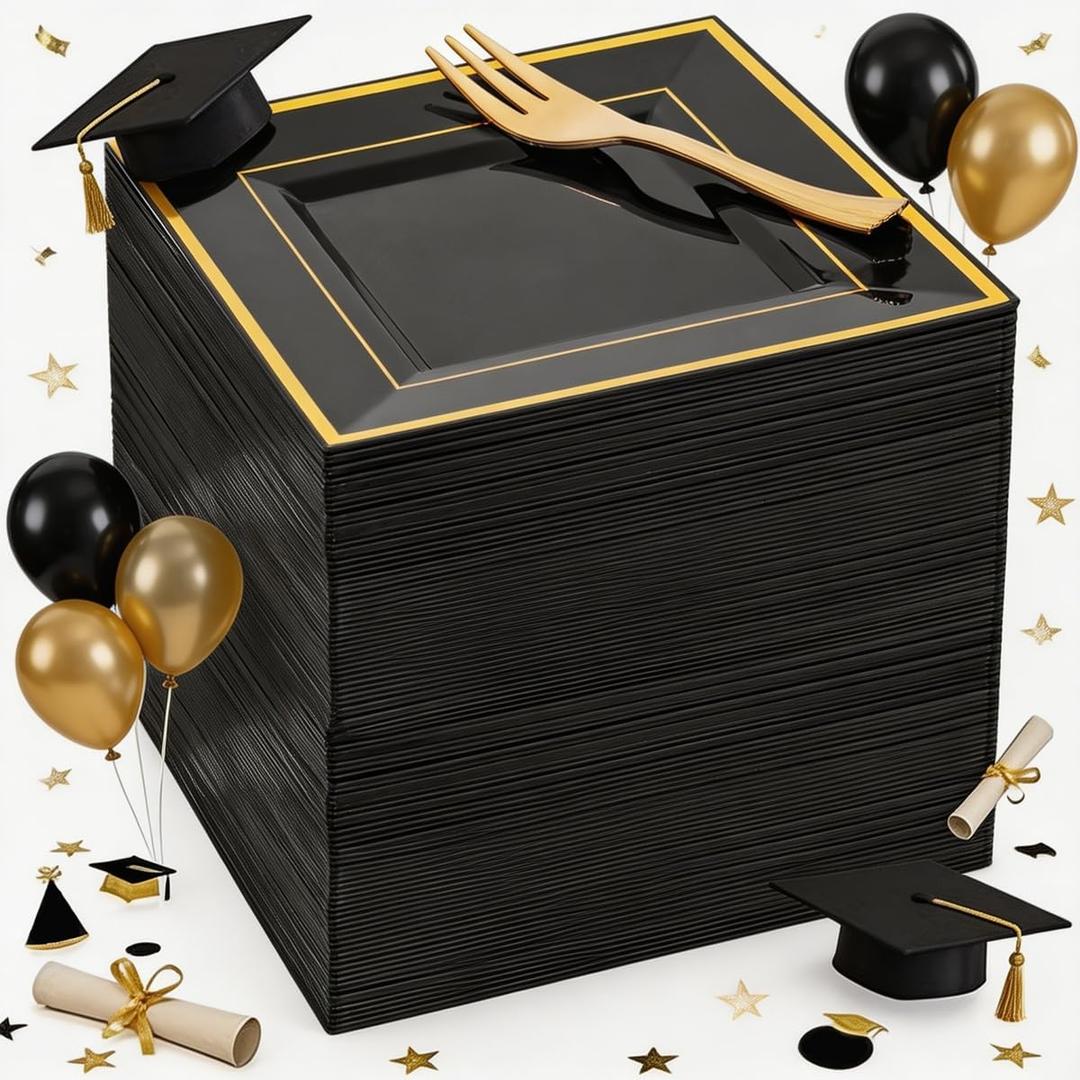 WDF 200PCS Black and Gold Plastic Dessert Plates with Plastic Forks -6 100 Square Disposable Appetizer Plates Small Plate Cake Plate with Gold Rim for Wedding/Party/Birthday/Graduation