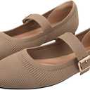 Mary Jane Shoes Women Ballet Flats with Arch Support, Flats for Women Square Toe Comfortable Knit Flats with Ankle Strap, Washable Casual Office Shoes (5, Khaki)