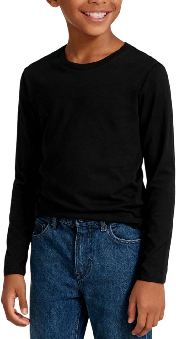Boys Cotton Long Sleeve Shirts Soft Breathable Crewneck Tees for Kids, Fashion Basic Tops 4-12 Years (Black, XS)