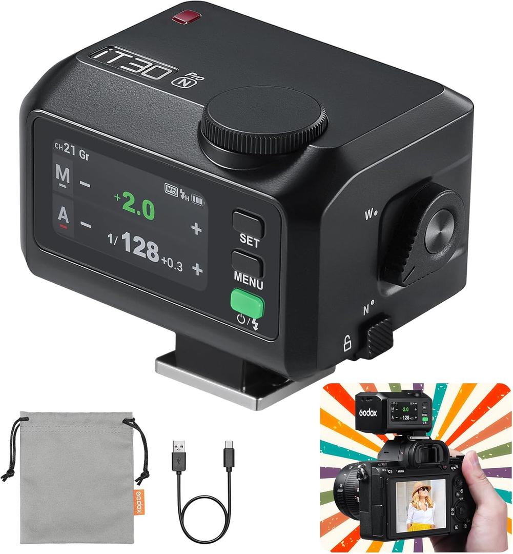 Godox iT30Pro-N Pocket TTL Flash for Nikon Camera: 2.4G Wireless+Touchscreen (Equivalent to Built-in X3 Trigger), Li-ion Battery, HSS 1/8000s, 560 Flashes, Built-in Diffuser for Portrait Photography