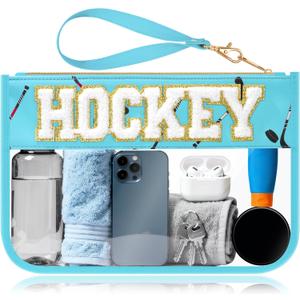 Hockey Gifts Makeup Bag with Chenille Letter Patch, Clear Cosmetic Pouch PVC Organizer Purse, Waterproof Travel Bag, Portable Toiletry Storage Bag for Her Friends (Ice blue-Hockey)