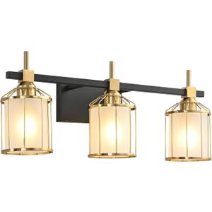 SOLFART 3 Lights Bathroom Light Fixtures Over Mirror Bathroom Lights Over Mirror Vanity Lights for Bathroom Black Brass Light Fixture Frosted Glass 3T