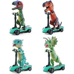 DINOBROS Dinosaur Scooter Toys Pull Back Cars Mini Finger Kick Scooters Boy Toy Age 3 4 5 6, Dino Gift Sets for Kids 4-Pack