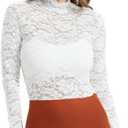 Women Floral Summer Lace Top Eyelash Trim Sexy Long Sleeves Plus Size Casual Dressy Shirt with Camisole Two Piece (Medium, White)