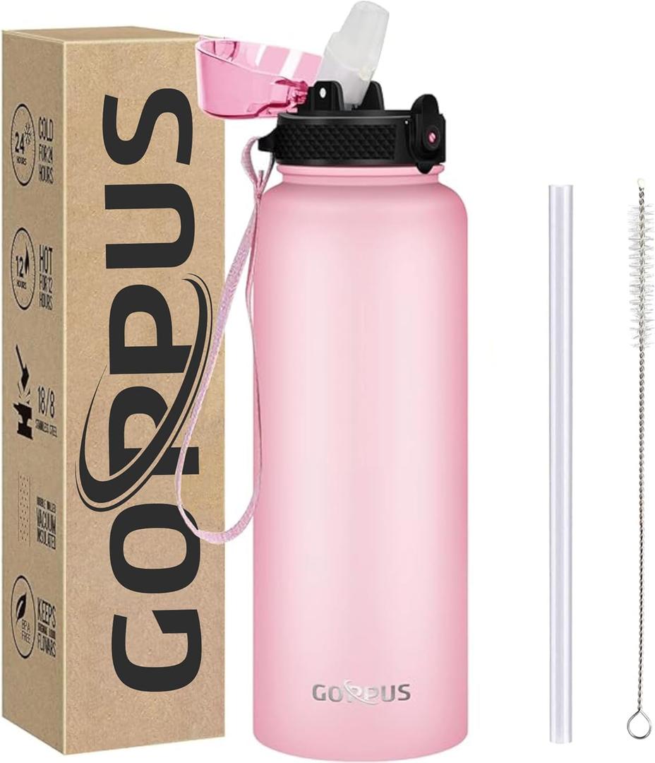 GOPPUS 24 oz Insulated Double Wall Vacuum Water Bottle With Straw Stainless Steel Sports Water Cup Flask Leakproof Wide Mouth Resusable Water bottles for Kids Men Women