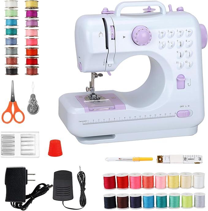 Mini Sewing Machine for Beginners, Portable with Dual Speed, 12 Stitches, Foot Pedal and Accessories Kit for Home Quick Repairs DIY Crafts & Gift, Purple