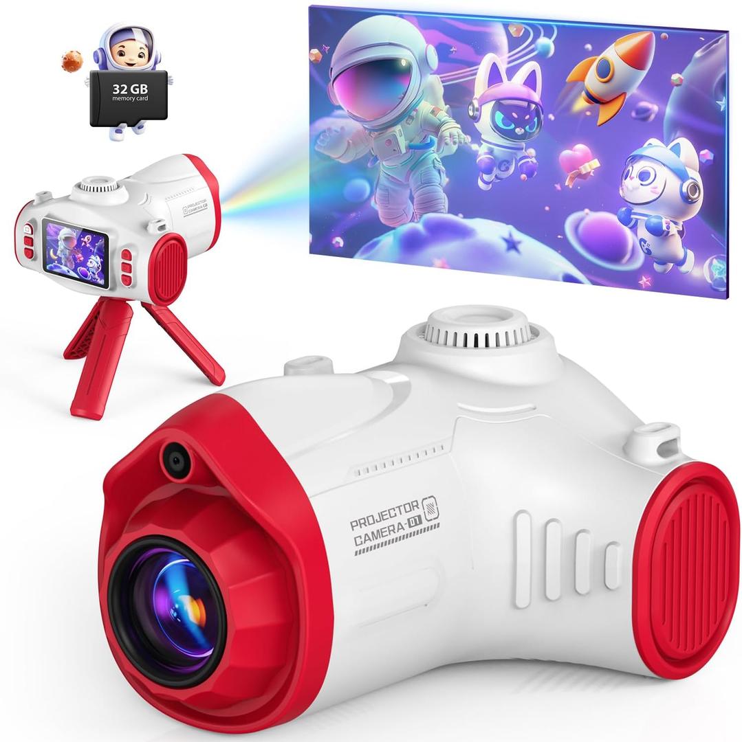 Kids Camera with Projector, Big Screen 1080P Photography Kids Recorder with Tripod, Lanyard, 32GB Kids Video Vlogging Camera for Age 3-12, Christmas Birthday Gifts Toys for Boys Girls, White