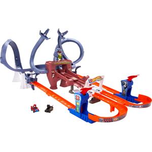 Hot Wheels Toy Car Track Set, RacerVerse Spider-Mans Web-Slinging Speedway, Competitive Race with 2 Die-Cast Vehicles: Spider-Man & Black Panther