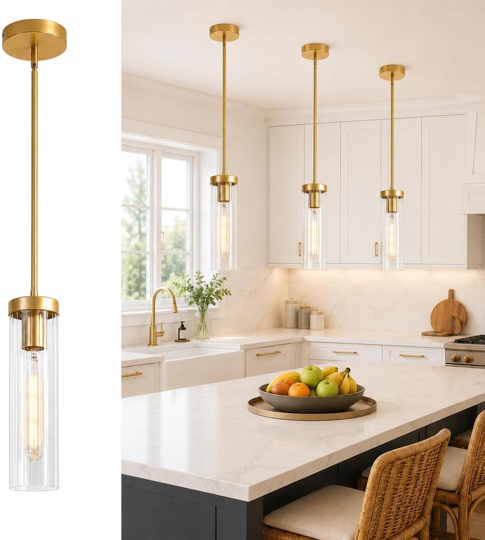 1-Light Brushed Brass Pendant Lights Kitchen Island, Modern Pendant Light, Single Gold Glass Fixture, Adj 71", High CRI 95+ E26, Kitchen Island Lighting, Dining Room, Entryway (Bulb Not Included)