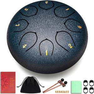 CAHAYA Steel Rain Drum 6-Inch: 8 Notes Steel Tongue Drum with Mallets Finger Paddles Percussion Handpan for Kids Friends Moms Meditation Gift Navy Blue