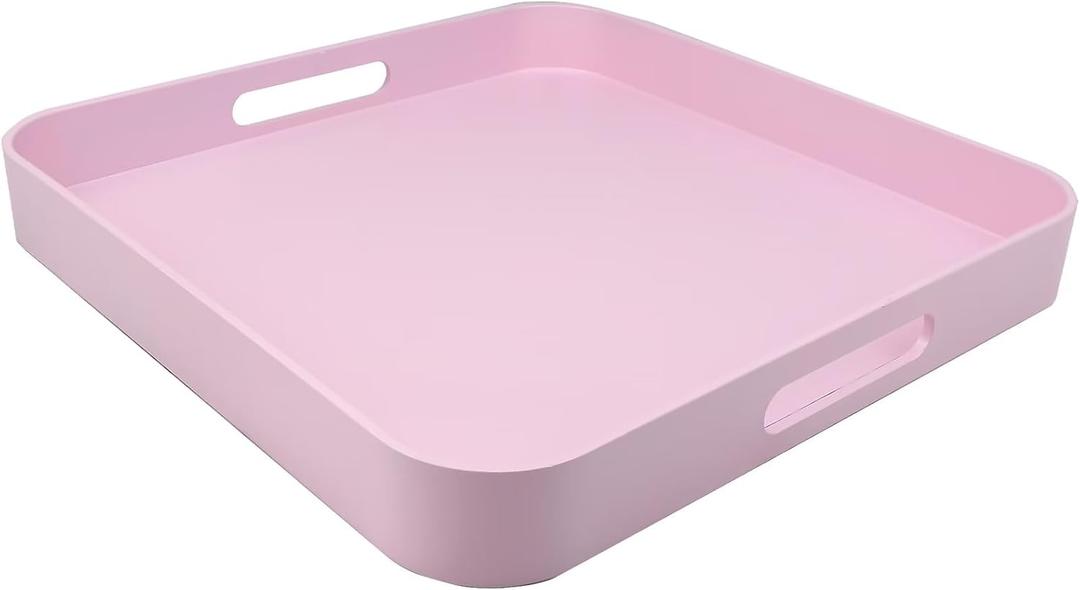 Square Pink Decorative Serving Tray with Handles, Versatile Ottoman Tray for Coffee Table, Entertaining, Outdoor Patio, Living Room, 13”*13”*1.6”