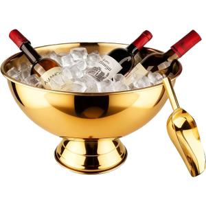Large Ice Bucket 13L Stainless Steel Champagne Bowl Ice Bucket with Ice Scoop Semicircle Drink Tub with Integrated Base Silver Beverage Tub for Parties, Cocktail Bar, Chilling Wine (1 Pack-Gold) (EXP 02/04/26)