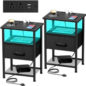 Nightstands Set of 2 with Charging Station and Drawer, End Table Bedside Table with 20 Colors LED Light Strip and 2 Layers Shelf for Bedroom Living Room Sofa Couch (Black)