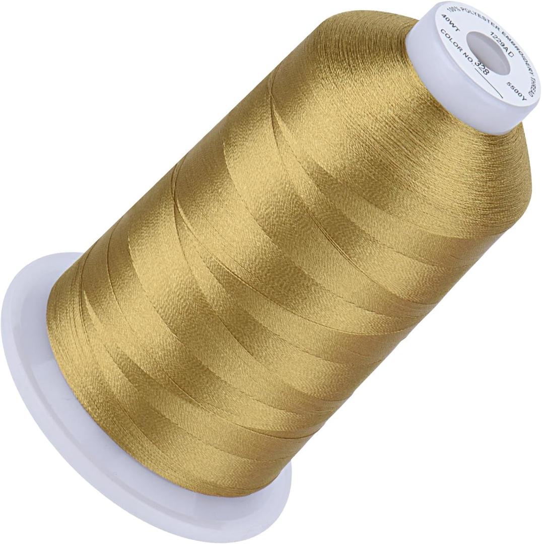 Simthread 5500Yds Embroidery Thread, 5000M High-Yardage 40WT 100% Polyester Thread – 170+ Vivid Colors, High-Speed Rated – Compatible with Brother, Singer, Janome & More - Brass 328