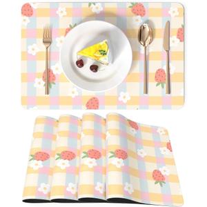 LilyCat Faux Leather Placemats Set of 4, Waterproof Oil-Proof Dining Table Mats for Kitchen, Indoor & Outdoor Heat Resistant Wipeable PU Place Mats, 18 12, Strawberries and Small Flowers