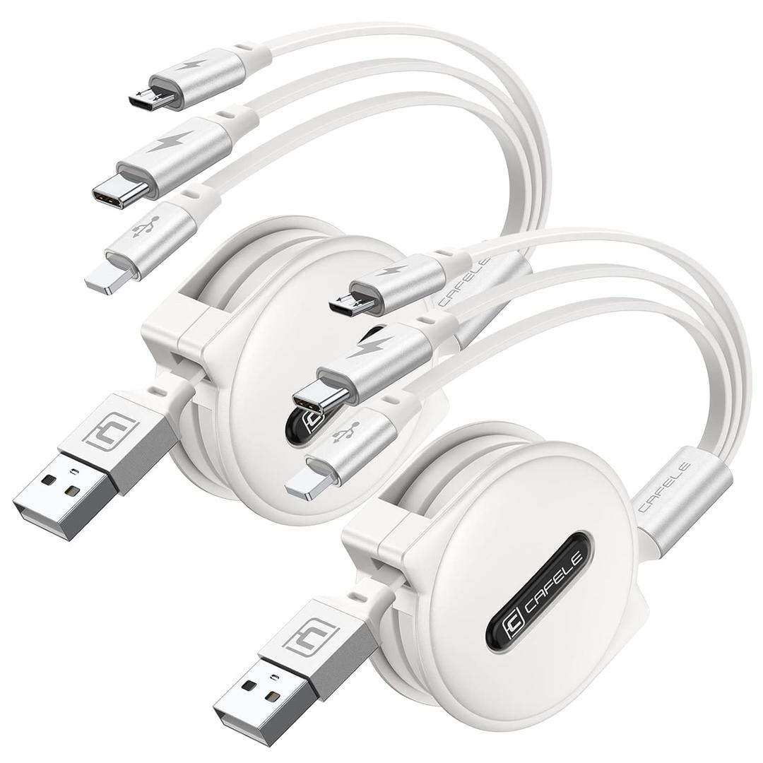 CAFELE Multi Charging Cable 3A, [2Pack 4ft] Retractable USB Charging Cable with Type C/L/Micro USB Ports, 3 in 1 Multi Fast Charger Cord for Multiple Devices, Phone 16 15 14/Galaxy/Pads/Tablets-White