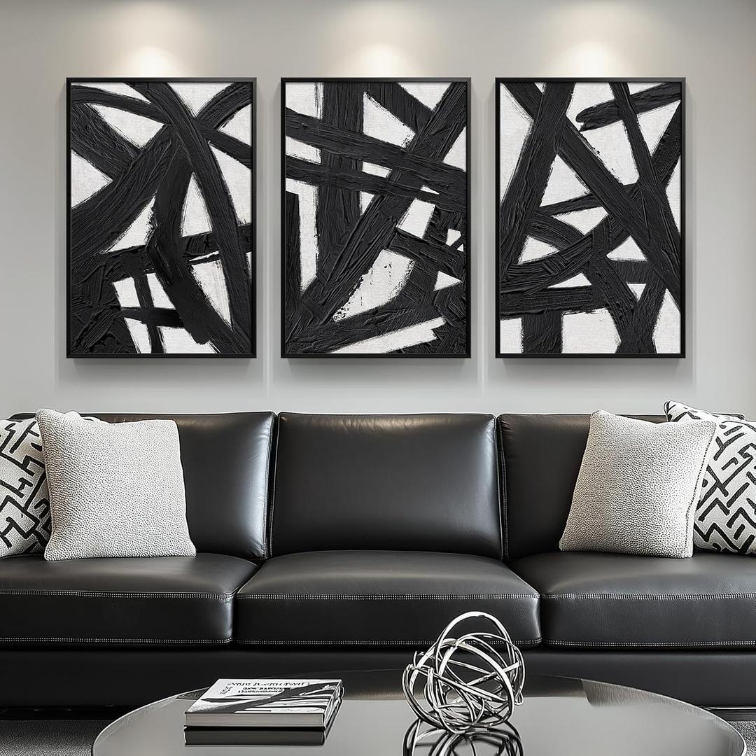 Framed Black and White Abstract Wall Art for Living Room, 3 Piece Modern Minimalist Canvas Prints Artwork for Walls, Contemporary Black Lines Paintings Wall Decor, Hallway, Bedroom, Office, 16x24 Inch