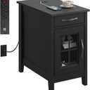 WLIVE End Table with Charging Station, Narrow Side Table for Living Room, Farmhouse Night Stand with Storage, Small Wooden Cabinet Nightstand with USB Ports and Outlets, 23.7" D x 13.78" W x 23.7" H (Black)