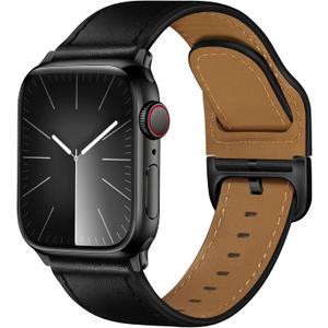 Leather Bands Compatible with Apple Watch Bands 42mm 41mm 40mm 38mm for Men Women, Genuine Leather Strap for iWatch Series 11 10 9 8 7 6 5 4 3 2 1 SE 3/2/1, Black/Black