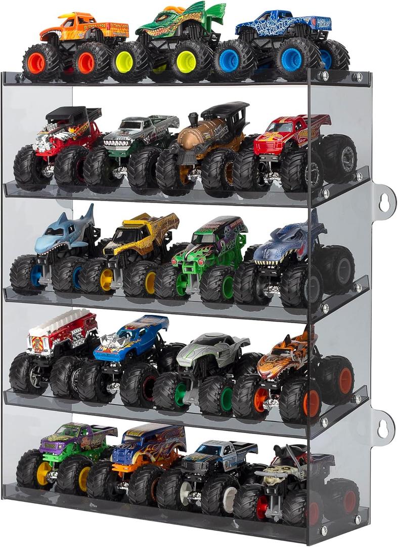 Assembly Monster Trucks Display Case Holding for 20 Monster Trucks Acrylic Storage Case 5 Tiers Monster Trucks Organizer with Tilted Design, Display Case for Toy Trucks (Gray) (Grey)
