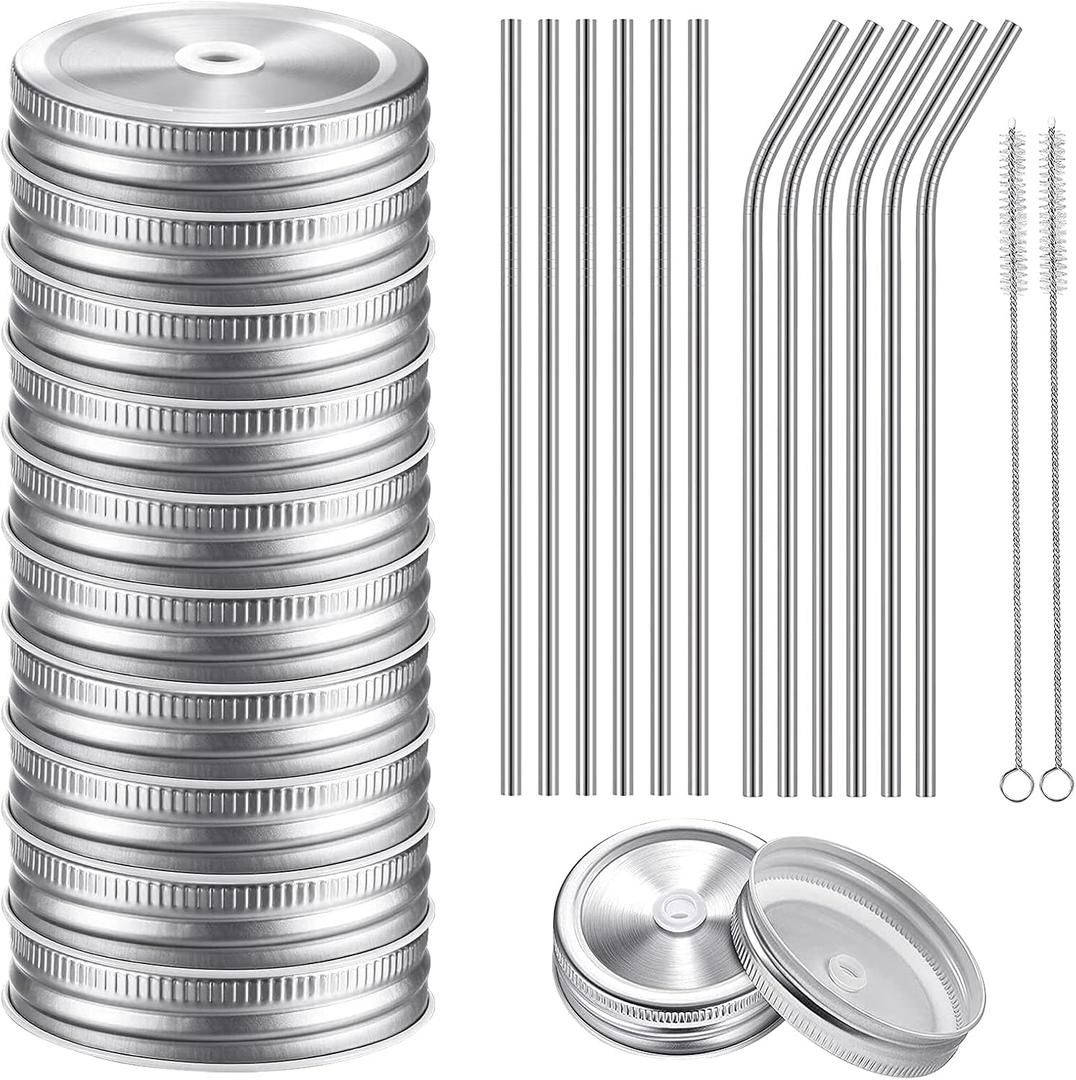 26 PCS Regular Mouth Mason Jar Lids With Straw Hole - 70MM Canning Caps for Drinking and Food Storage, Silver Tinplate With Silicone Ring, Straws, and Cleaning Brush