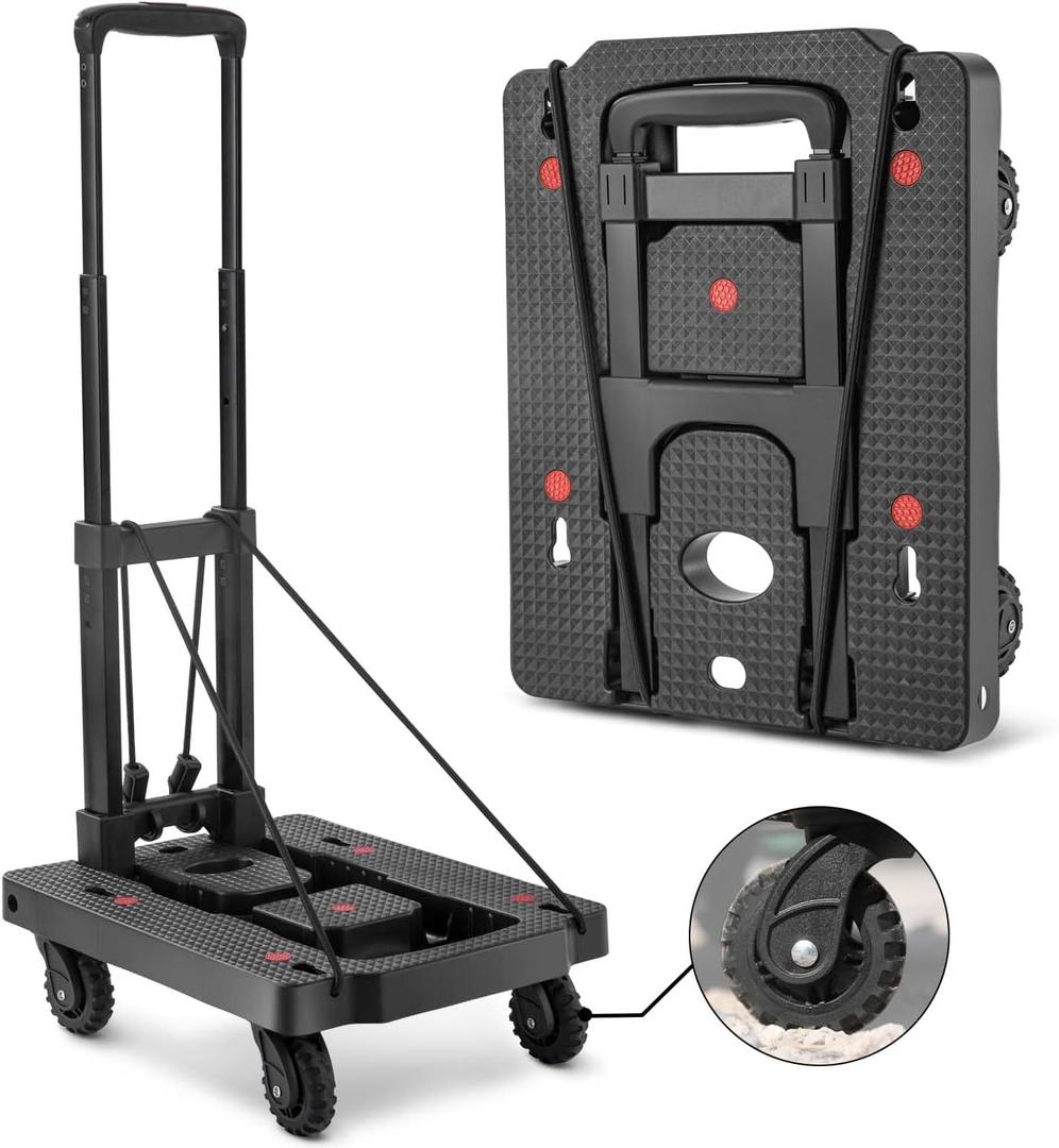 Lightweight Folding Hand Truck - 150lb Dolly Cart with Aluminum Adjustable Handle of 3 Levels, Portable Luggage Cart with 2 Elastic Straps for Traveling, Offices, Moving (15.8" x 12.6")