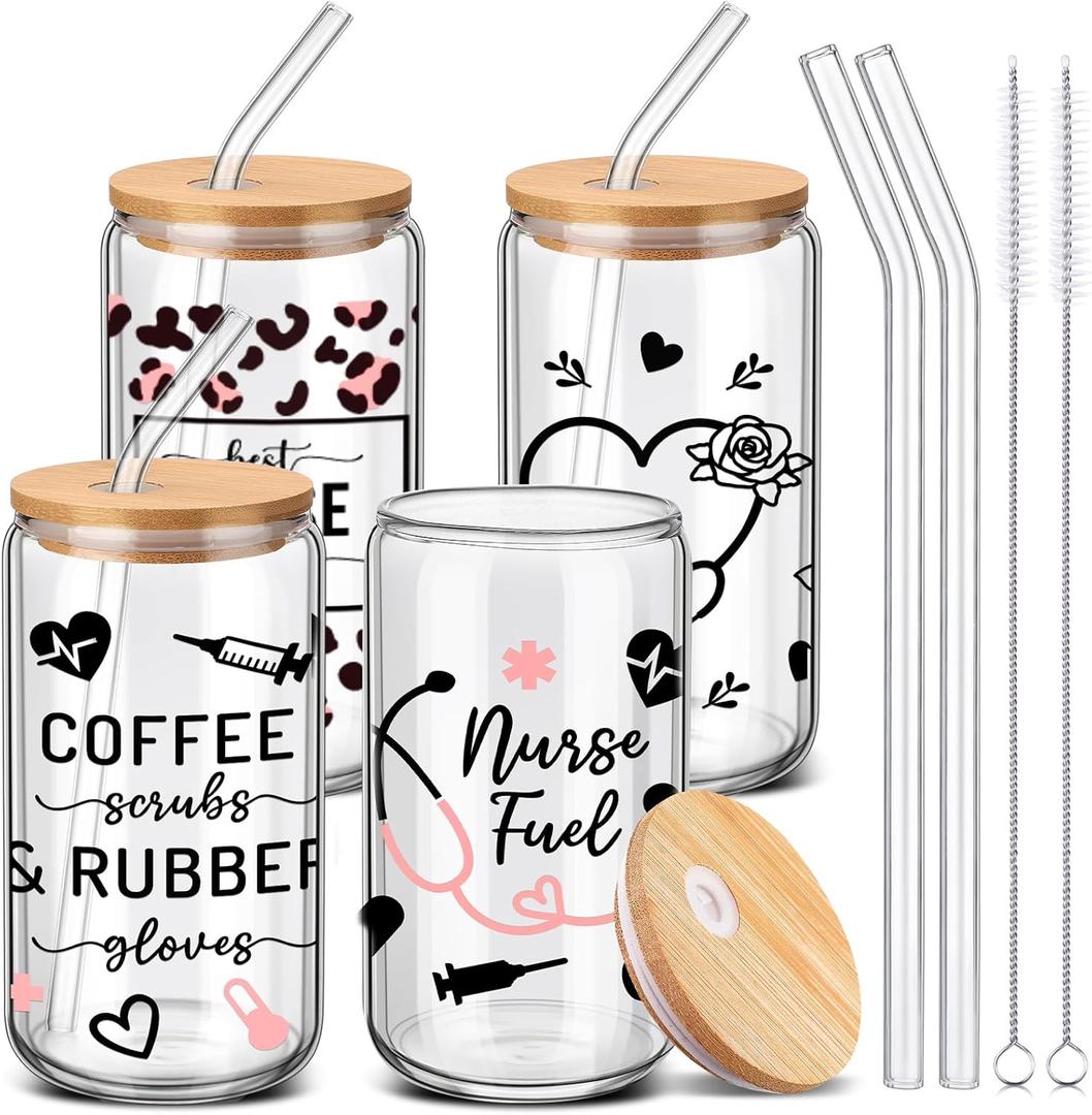 SiliFine 4 Pcs Cna Week Gifts Bulk 16 oz Nurse Glass Cups with Lid and Straw Xmas Drinking Can Shape Coffee Glass Tumbler Cup for Cna Week Rn Nursing Appreciation Party Favor Gifts