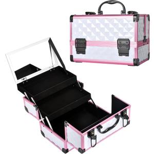 VETALLO Travel Makeup Train Case, Large Makeup Organizer I Makeup Bag with Mirror I Makeup Box Organizer and Storage I Makeup Train Case & Box Gifts for Women Mom Mother I White, White+Pink