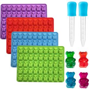 Gummy Candy Molds - 4Pcs Silicone Gummy Bear Molds for Kids With 2pcs Dropper,Non-stick and Bpa Free for Mini Candy Chocolate Gummies Baking