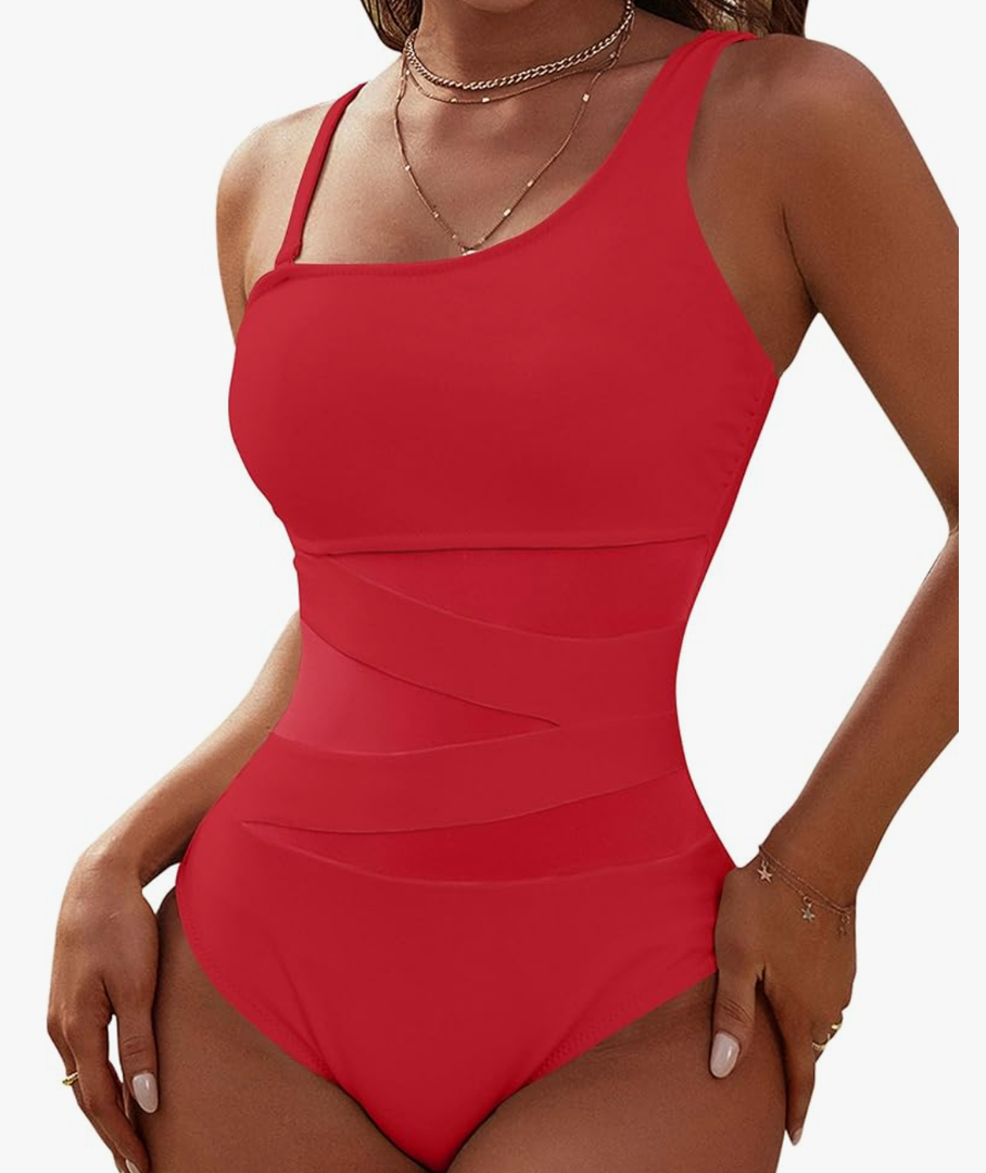 Blooming Jelly Women's Sexy One Piece Bathing Suits One Shoulder Swimsuits Slimming Mesh Swimwear,XL