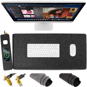 Wireless Charging Mouse Pad with 2nd Gen Tech, 3-in-1 25W Fast Charger, Replaceable Felt & Leather Desk Mat, for Office & Gaming, Large Waterproof Desk Pad for Office & Gaming(Felt)