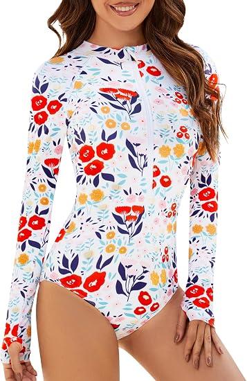 Womens Long Sleeve One-Piece Swimsuit: Rash Guard UV UPF 50+ Sun Protection Printed Zipper Surfing Bathing Suit S Red Flower