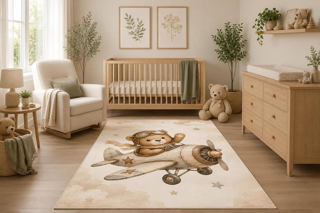 ICE ARMOR 5' x 7' Vintage Teddy Bear Pilot Area Rug, Watercolor Airplane Aviation Nursery Kids Bedroom Playroom Decor, Non-Slip Silicone Backing Low Pile Indoor Carpet