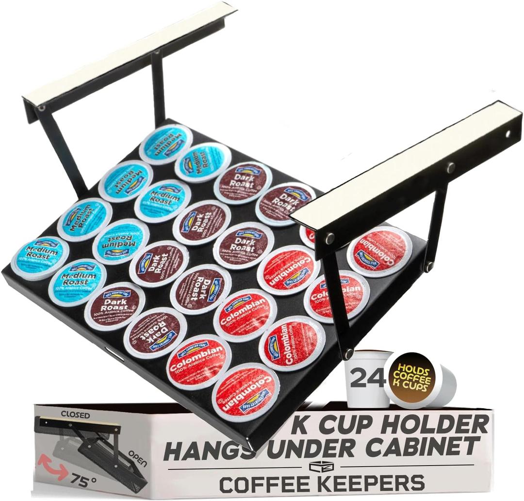 Under Cabinet K Cup Holder 24 Pods  Space-Saving Coffee Pod Holder, Steel Construction  Keurig Pod Organizer for Small Spaces  Kcup Holder with Screws & Adhesive for Easy Installation - BLACK (Black - 13" X 9" X 1")