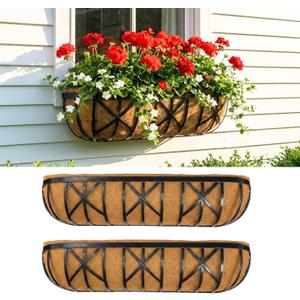 LaLaGreen 36 Inch, 2 Pack Window Boxes Planters Large Black Metal Window Boxes for Outdoor Plant, Wall Mount Flower Pot with Coco Liner, Attach to House Fence Balcony Herb for Patio Porch Garden