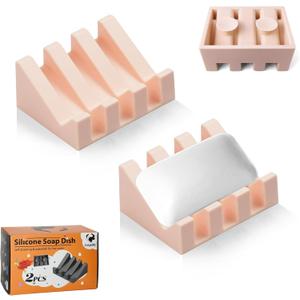 Soap Dish Holder for Shower with Suction Cup, Silicone Soap Holder & Saver Self-Draining Bar Soap Dish Keeps Soap Dry for Bathroom, Kitchen, Bathtub, Extends Soap Life (Pink-2Pack)