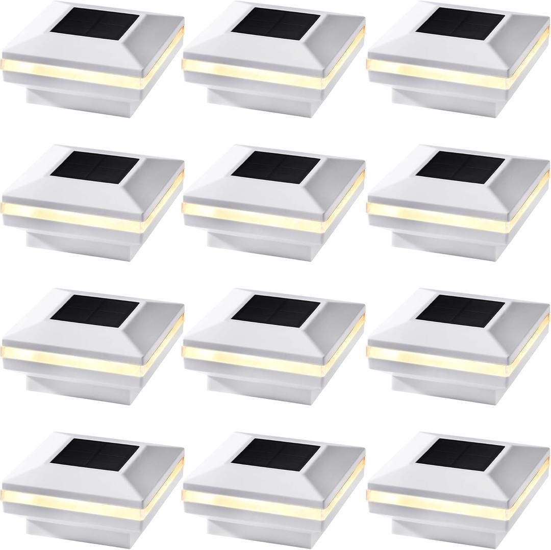 Dynaming 12 Pack Solar Post Lights, Outdoor Solar Powered Decorative Post Cap Light, White Shell & Warm White LED Lighting for Fence Deck Patio, Only Fit 4x4 Wooden Posts (True Size 3.5"x3.5") (12 Pack, for 4x4 Wooden Posts)