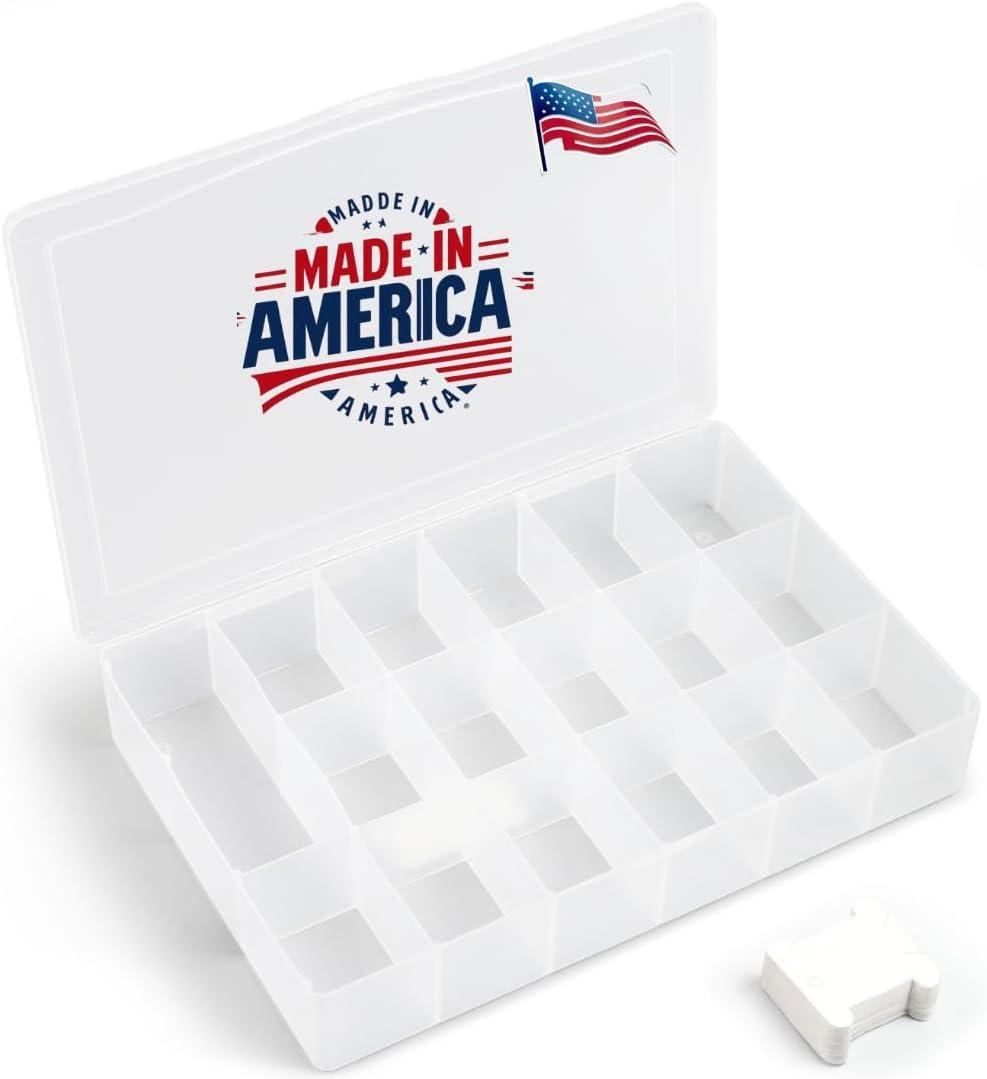 BULK PARADISE Embroidery Floss Organizer Box with 50 Cardboard Bobbins - 17 Compartments Clear embroidery thread organizer box, Snap-Tight Clear Sewing Organizer - Jewelry Bead Holder (Made in USA)